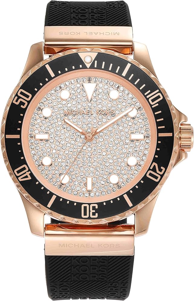 Michael Kors Everest rose gold watch with pavé crystal dial and black silicone strap