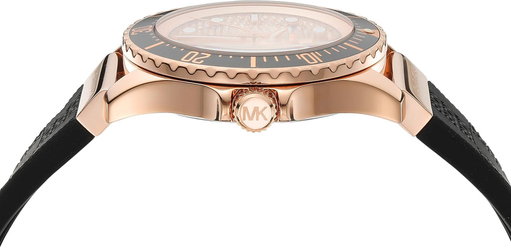 Michael Kors Everest watch side view showing rose gold case and black strap