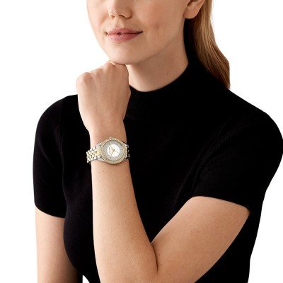 Michael Kors Harlowe MK4811 watch on wrist showing crystal-set dial and two-tone design