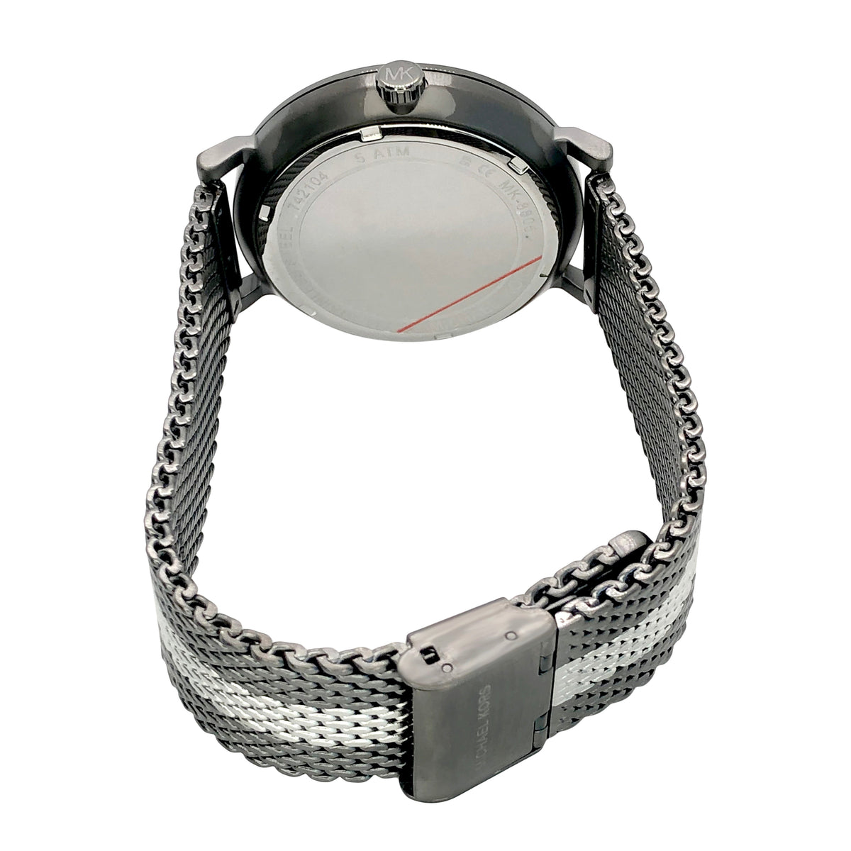 Michael Kors Irving grey watch MK8805 case back and mesh bracelet detail