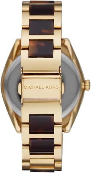 Michael Kors Janelle watch caseback displaying gold and tortoise acetate band details