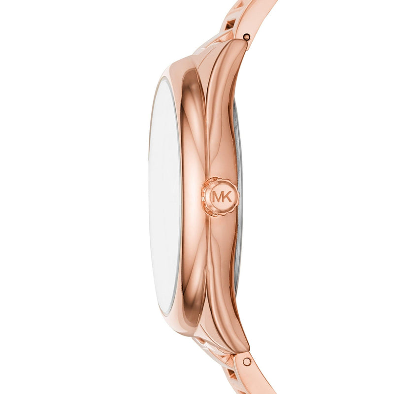 Side profile of Michael Kors Janelle rose gold-tone watch with linked bracelet