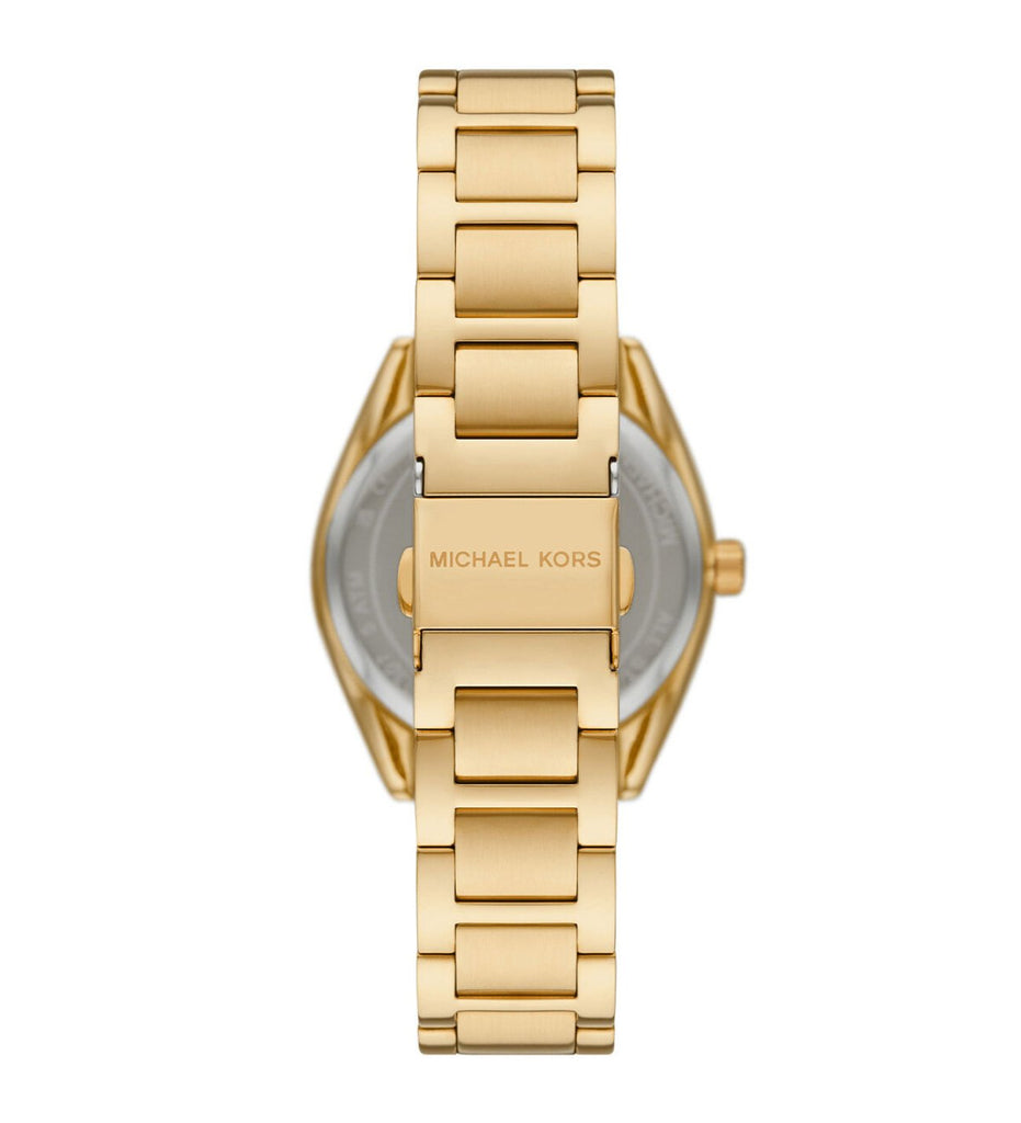 Michael Kors Janelle watch caseback view showing gold-tone stainless steel bracelet