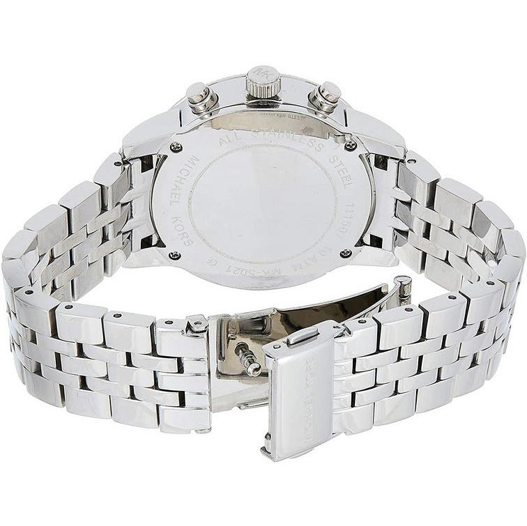 Caseback view of Michael Kors Jet Set MK5021 with stainless steel bracelet and fold-over clasp