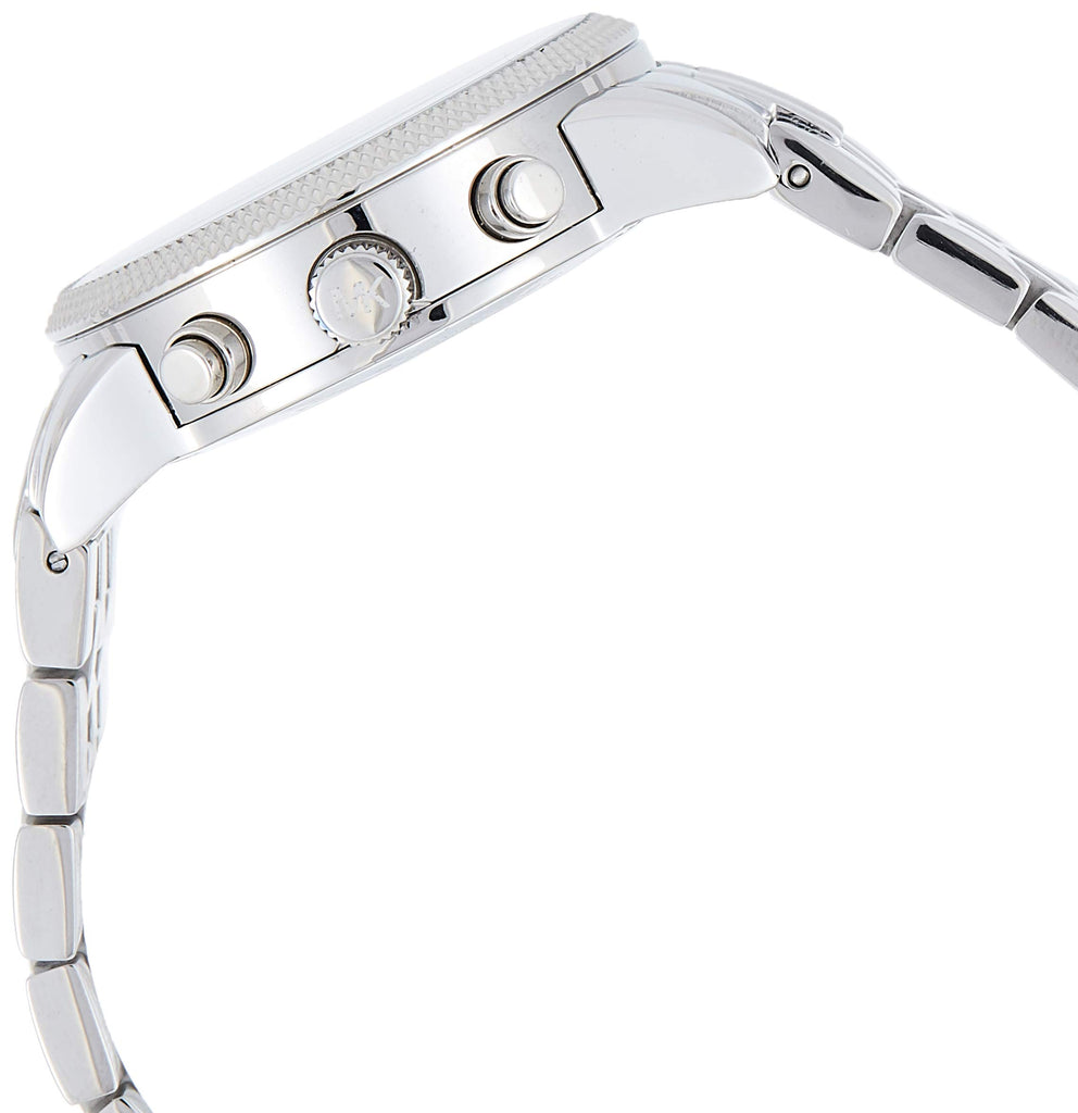Side view of Michael Kors Jet Set MK5021 showing chronograph pushers and silver-tone stainless steel case