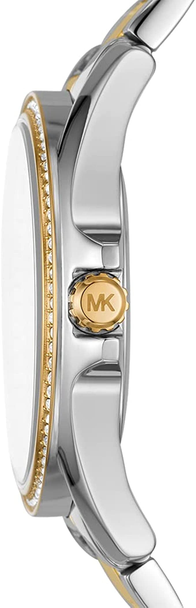 Side view showing two-tone steel bracelet and MK medallion on watch case