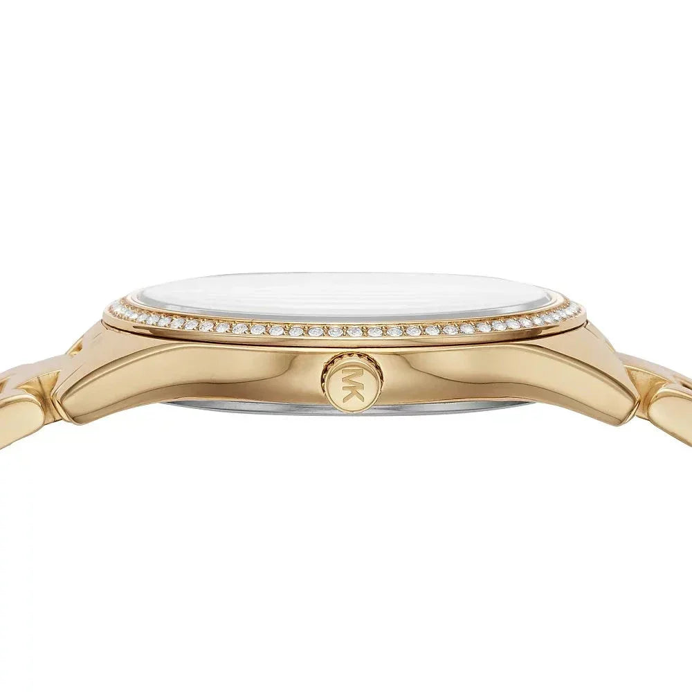Michael Kors Lauryn watch side profile showing crystal bezel and white dial