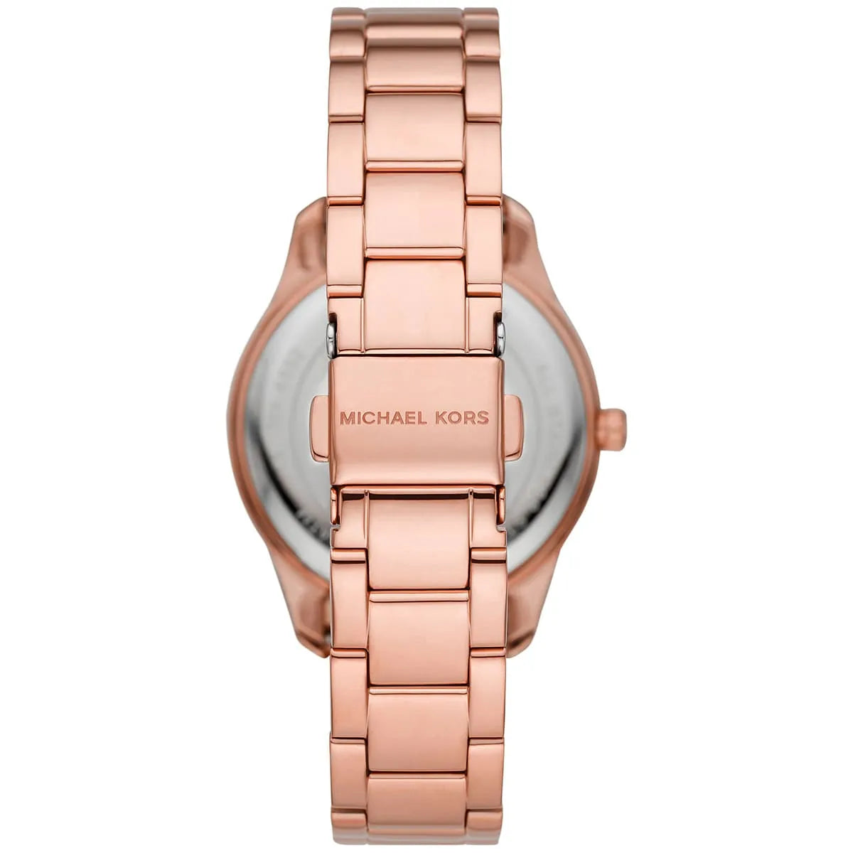Michael Kors Layton watch caseback showing rose gold-tone steel bracelet and MK logo