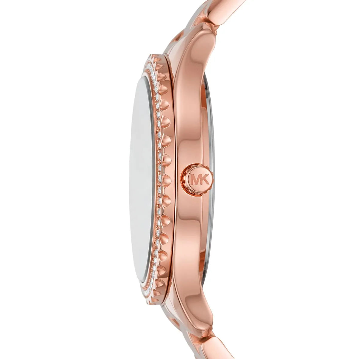 Michael Kors Layton watch side profile showing rose gold-tone steel case and crystal bezel