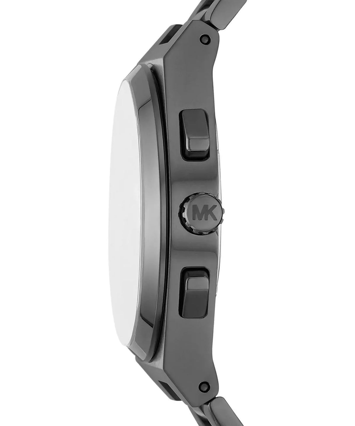 Side profile of Michael Kors Lennox chronograph showing gunmetal case and pushers
