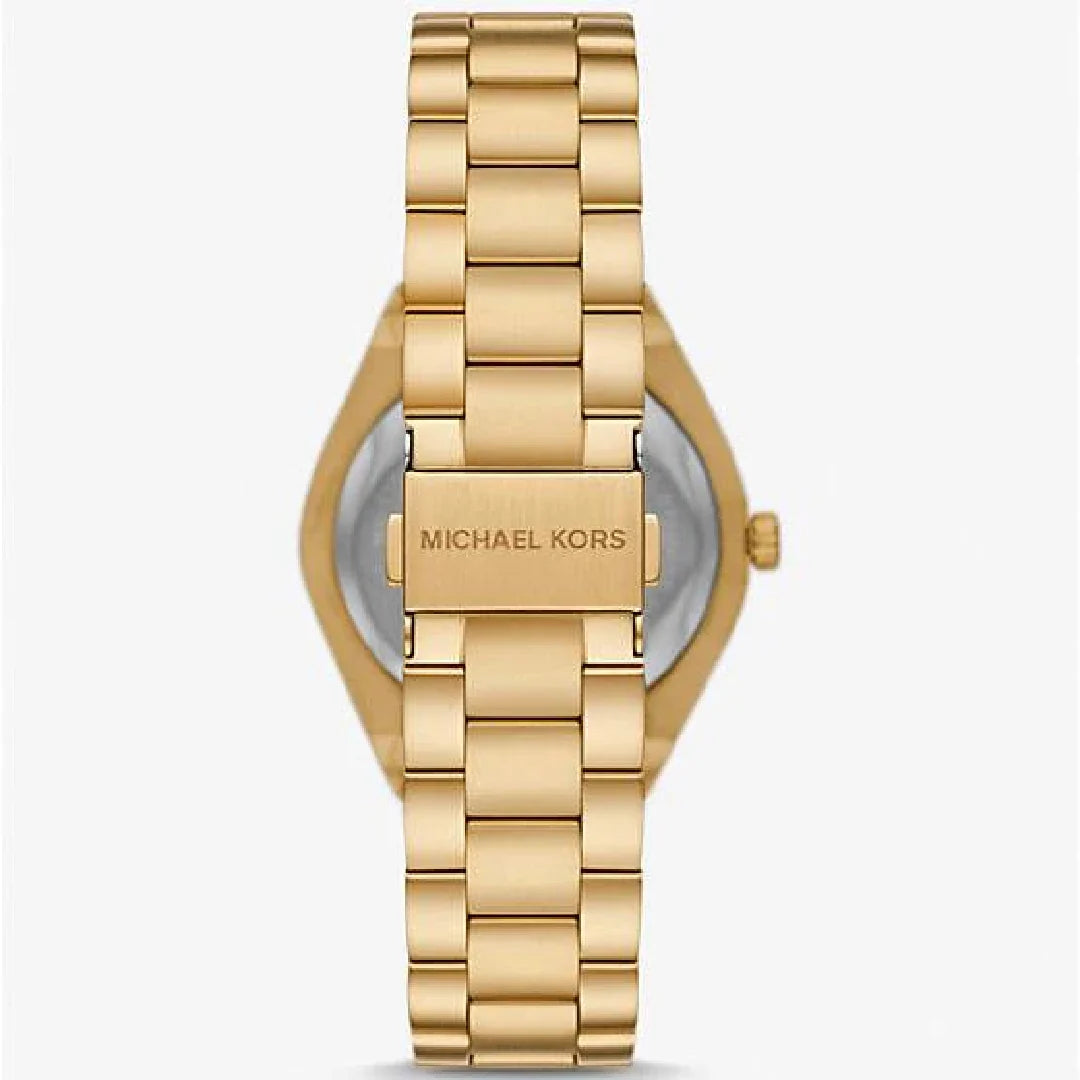 Michael Kors Lennox gold watch showing case back and link bracelet strap
