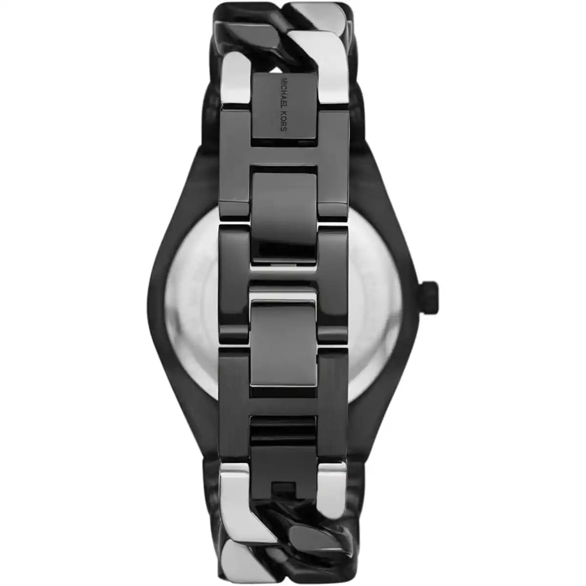 Back view of Michael Kors Lennox watch displaying case back and adjustable two-tone link bracelet