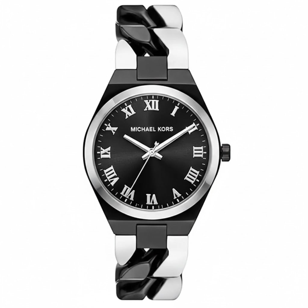 Michael Kors Lennox women's watch with black sunray dial, Roman numerals, and two-tone black and silver bracelet