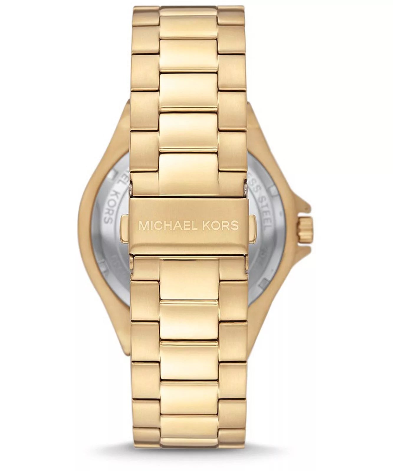 Back view of Michael Kors Lennox gold-tone watch with metal caseback and bracelet