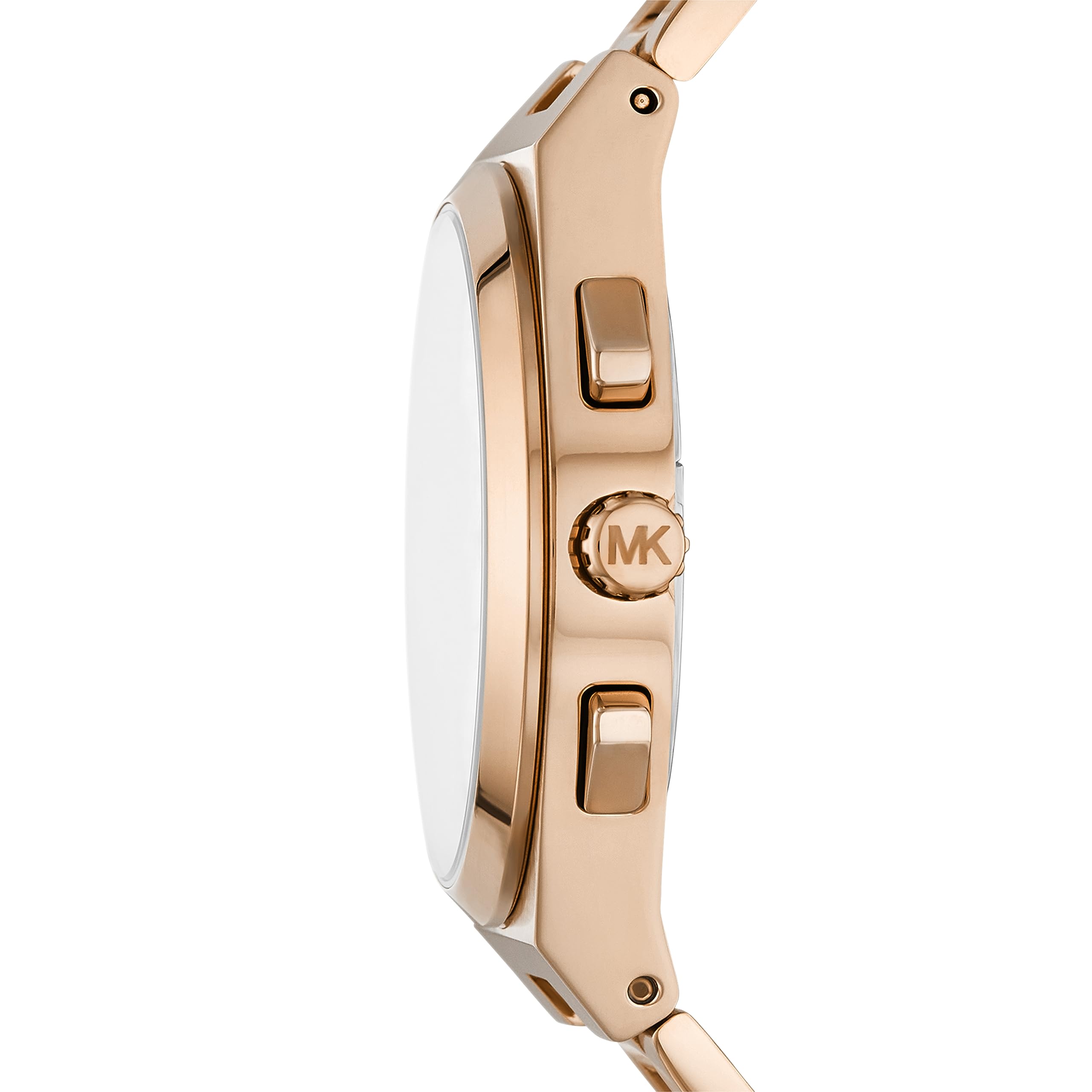 Michael Kors Lennox MK9119 side view showing rose gold-tone case and crown with chronograph pushers