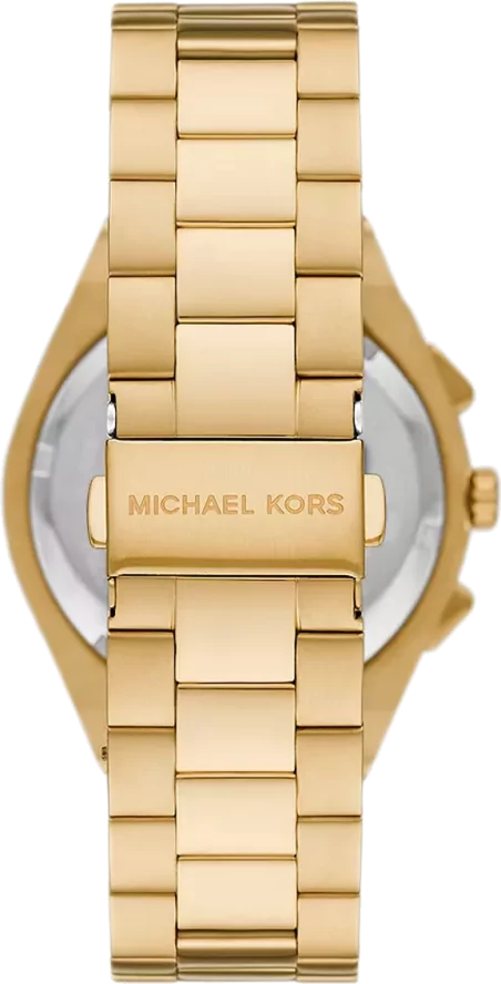Michael Kors Lennox watch caseback detail showing gold-tone stainless steel case