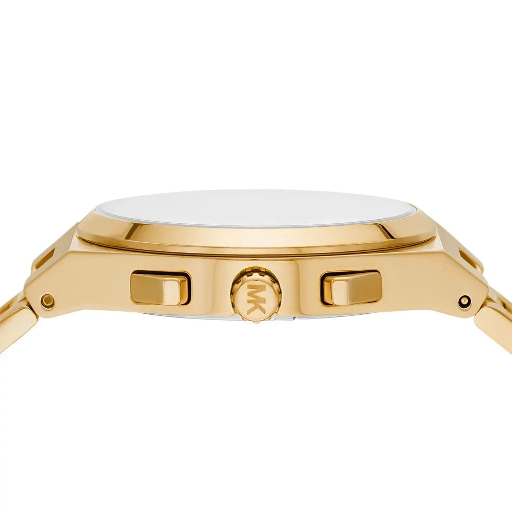 Michael Kors Lennox watch side view showing gold-tone case and link bracelet