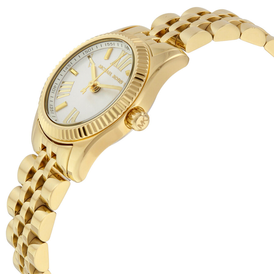 Michael Kors Lexington Mini watch side view showing gold-tone stainless steel bracelet