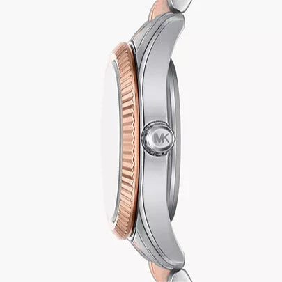 Side profile of Michael Kors Lexington watch showing rose gold bezel, white dial, and two-tone steel case