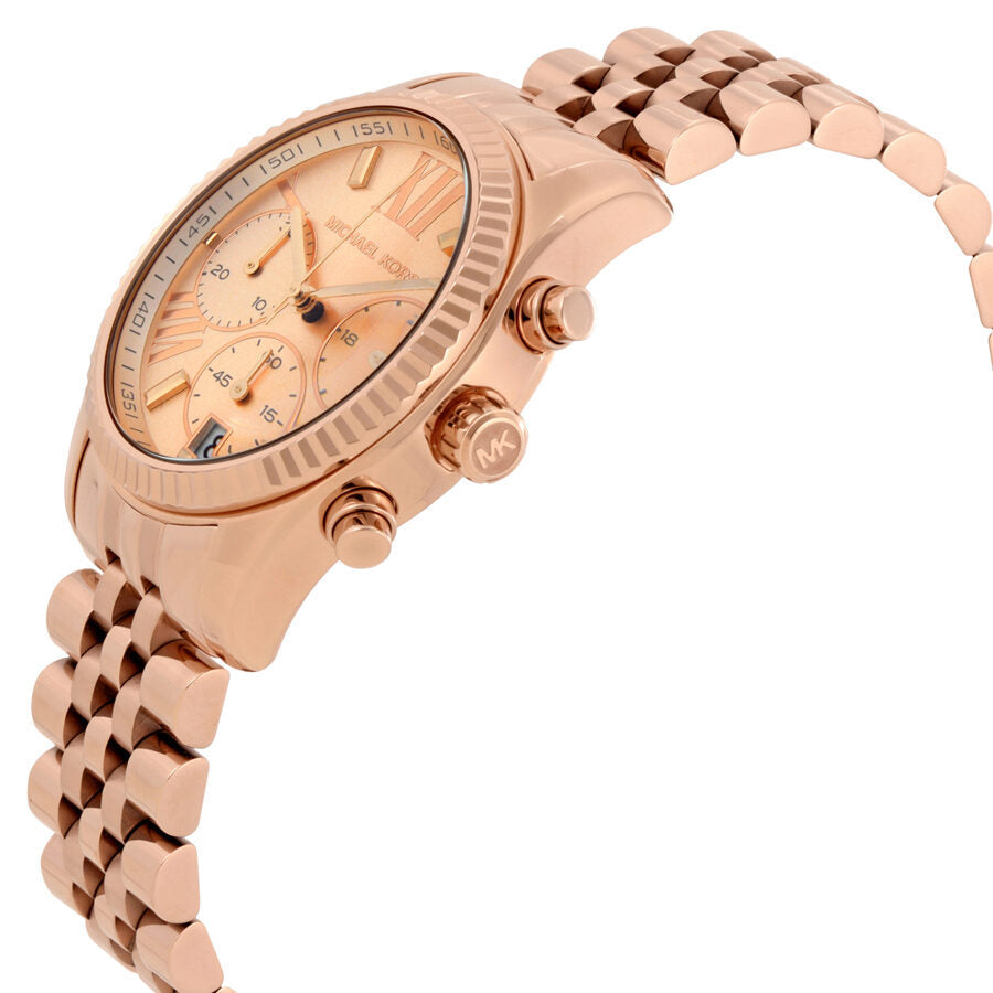 Michael Kors Lexington Chronograph rose gold watch angled view showing case and bracelet