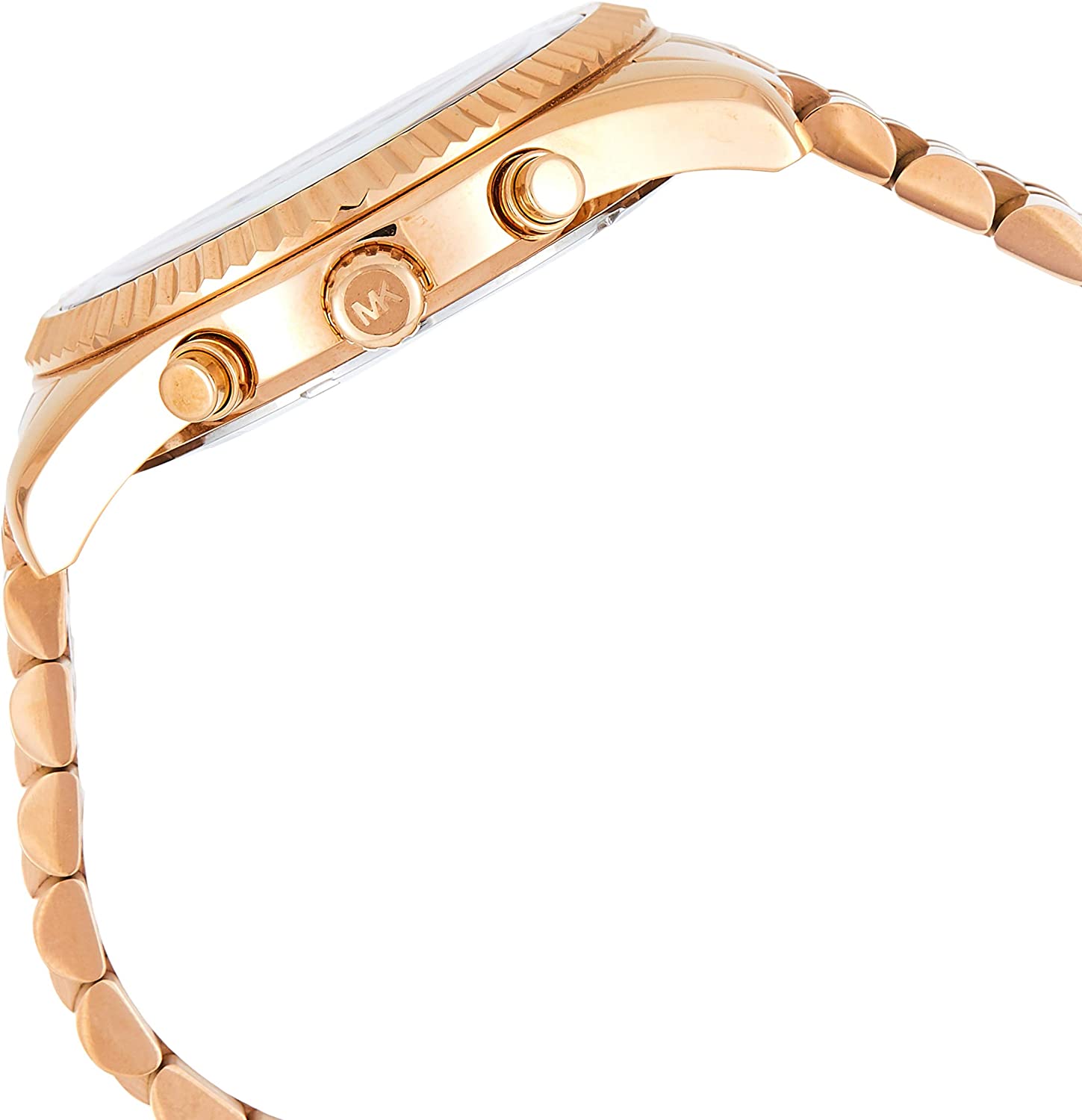 Michael Kors Lexington MK8319 rose gold chronograph watch side profile showing case depth