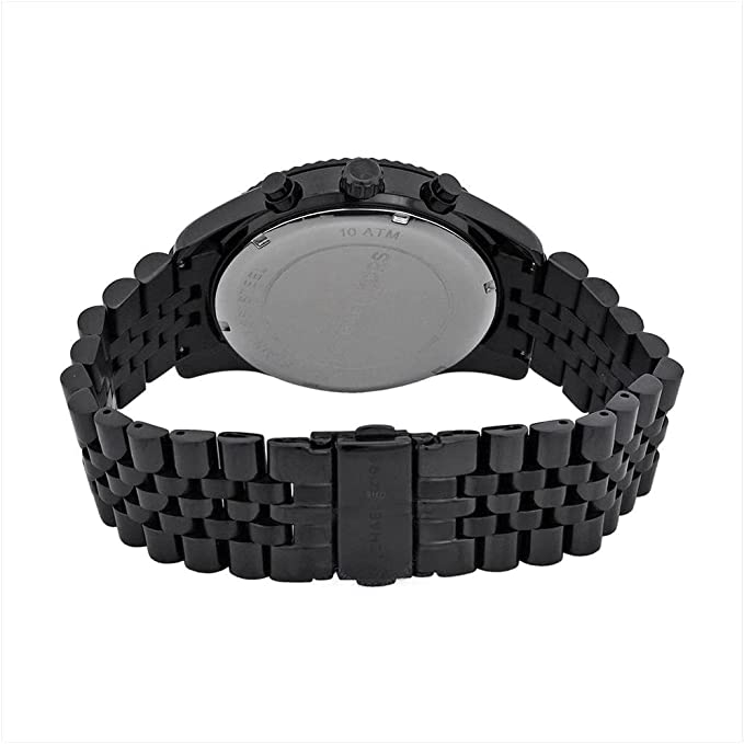 Michael Kors Lexington watch caseback view with black metal bracelet