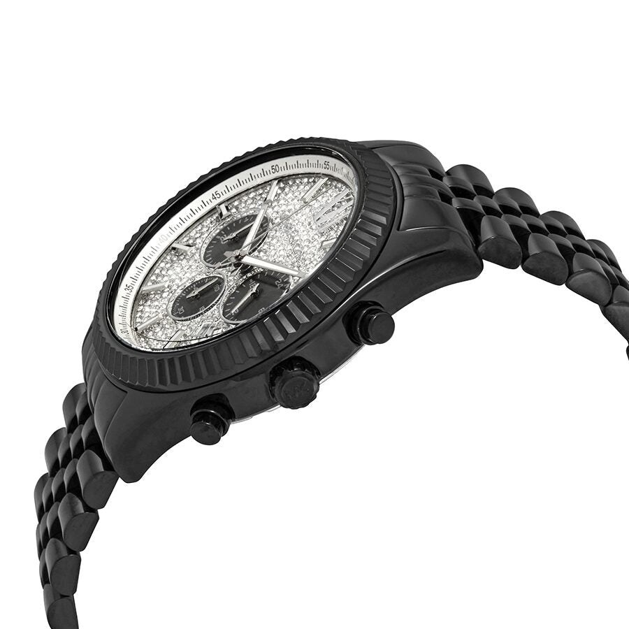 Angled view of Michael Kors Lexington chronograph watch showing case and black metal bracelet