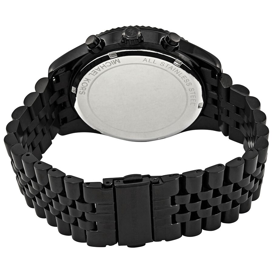Case back view of Michael Kors Lexington chronograph watch with black stainless steel bracelet