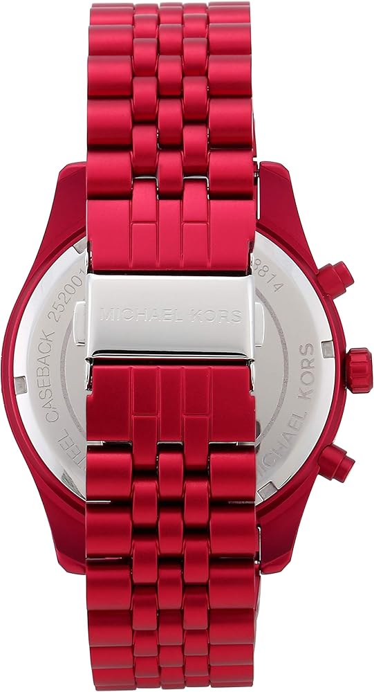 White stainless steel caseback of Michael Kors Lexington chronograph with red metal bracelet