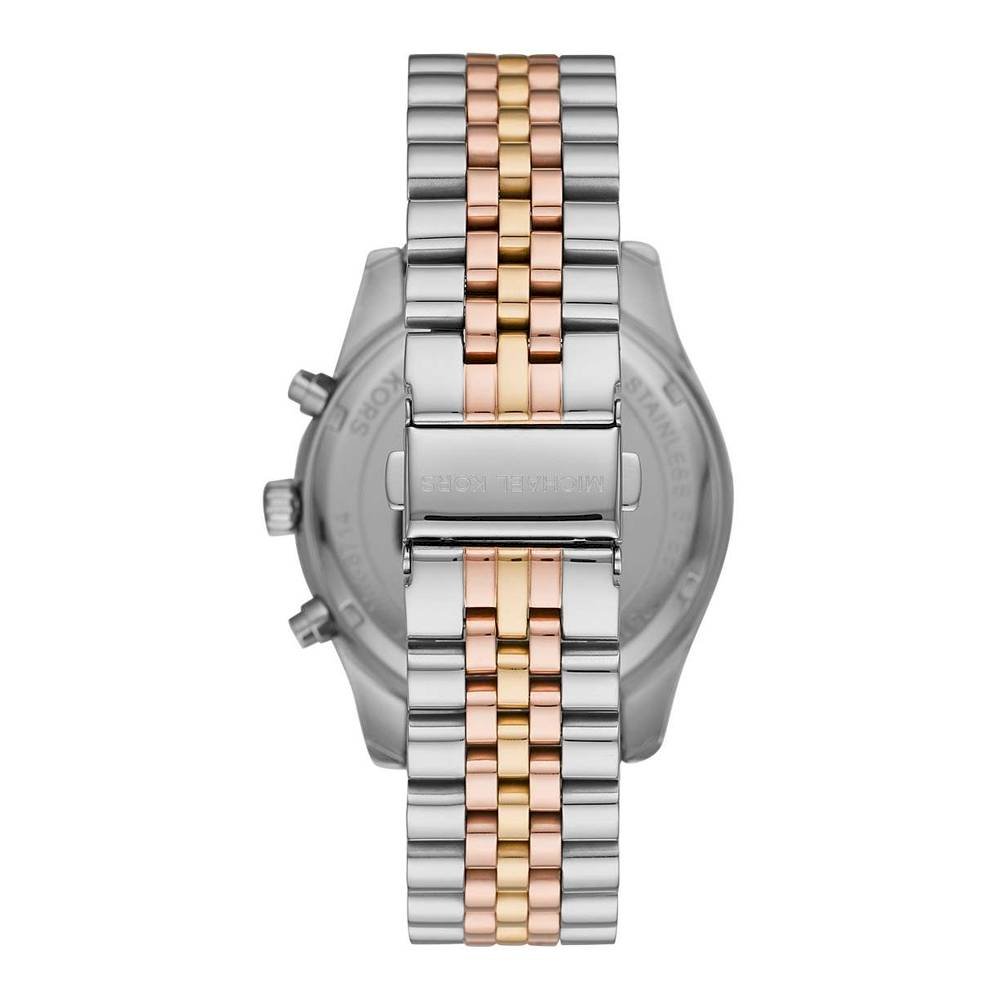 Michael Kors Lexington watch caseback showing tri-tone mixed metal bracelet detail