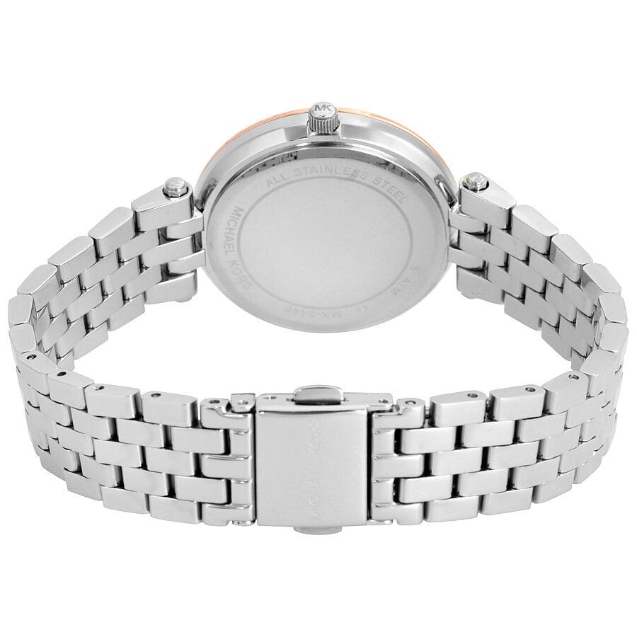 Back case view of Michael Kors Mini Darci watch with silver-tone metal band