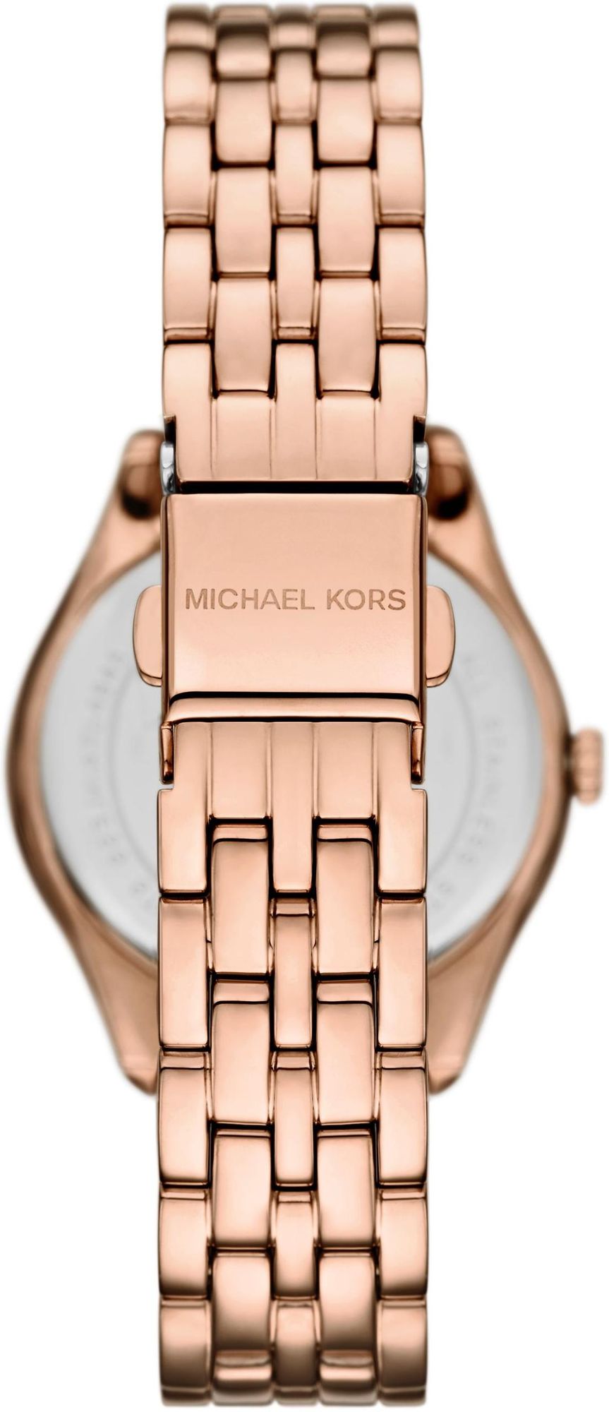 Rose-gold Michael Kors Mini Harlowe watch caseback with bracelet strap detail