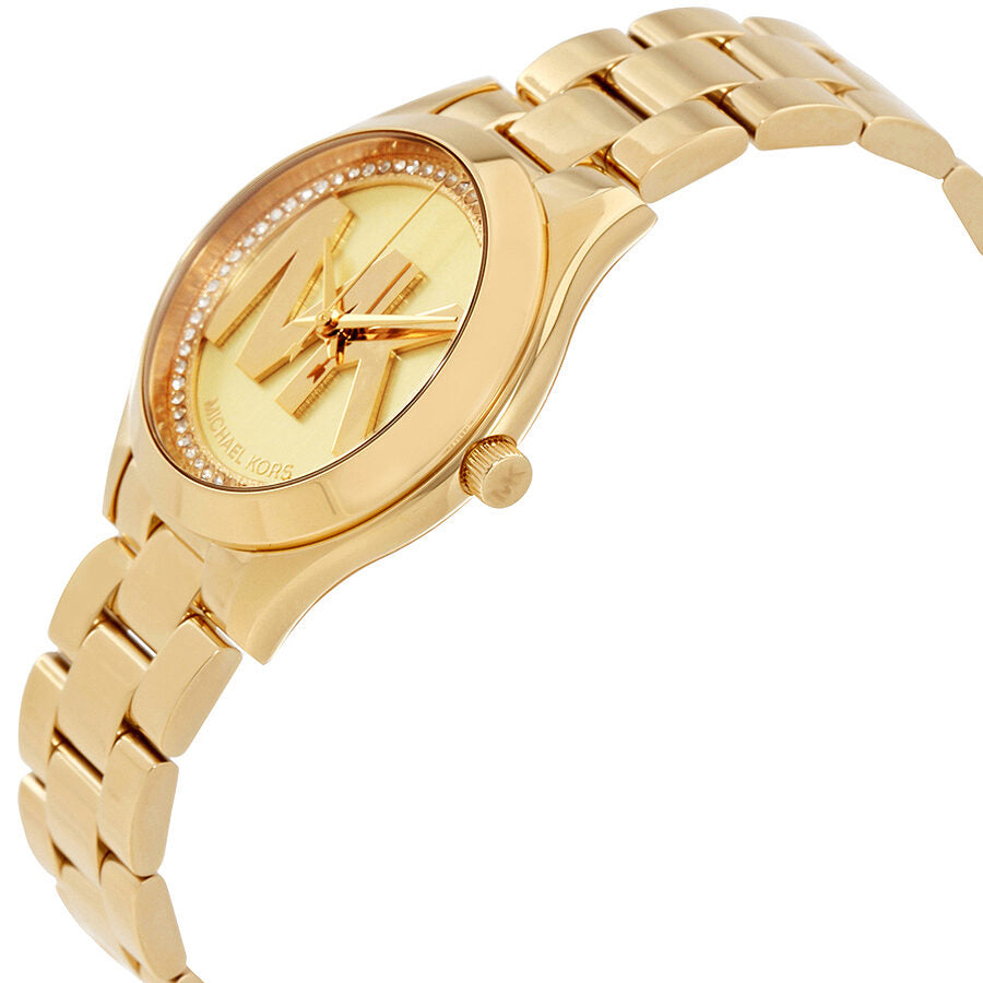 Michael Kors Mini Slim Runway MK3477 gold tone watch at angle showing crystal bezel and bracelet