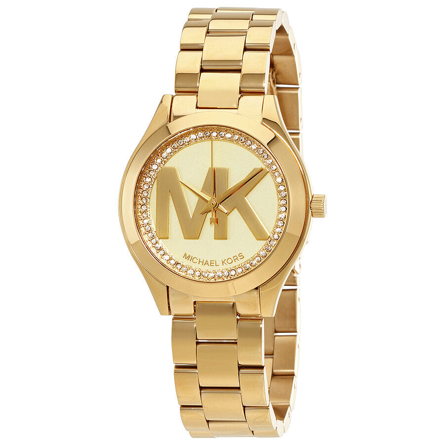 Michael Kors Mini Slim Runway gold tone ladies watch MK3477 with crystal bezel and MK logo dial