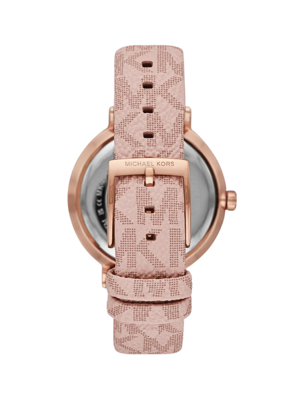 Caseback view of Michael Kors Addyson MK2947 with rose-gold tone case and pink PVC strap