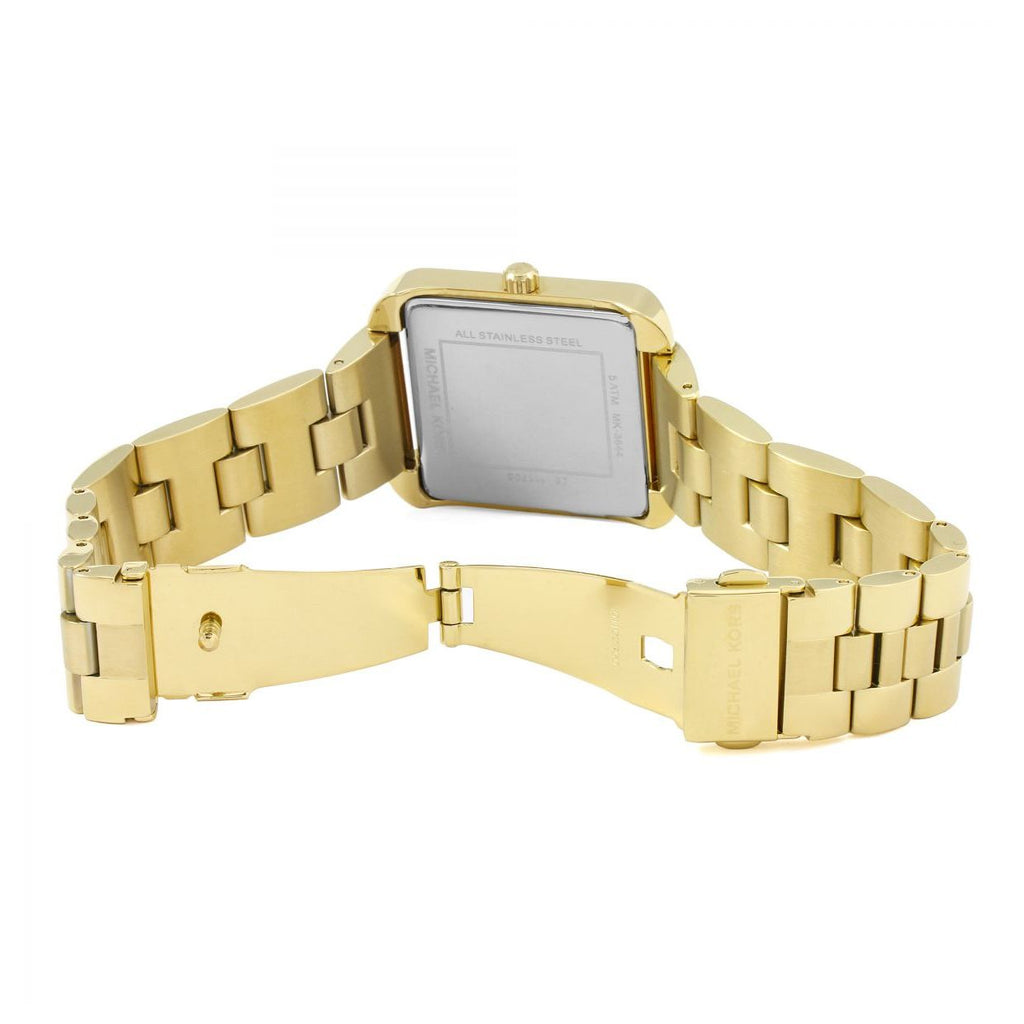 Case back view of Michael Kors Emery watch showing gold-tone rectangular case and bracelet