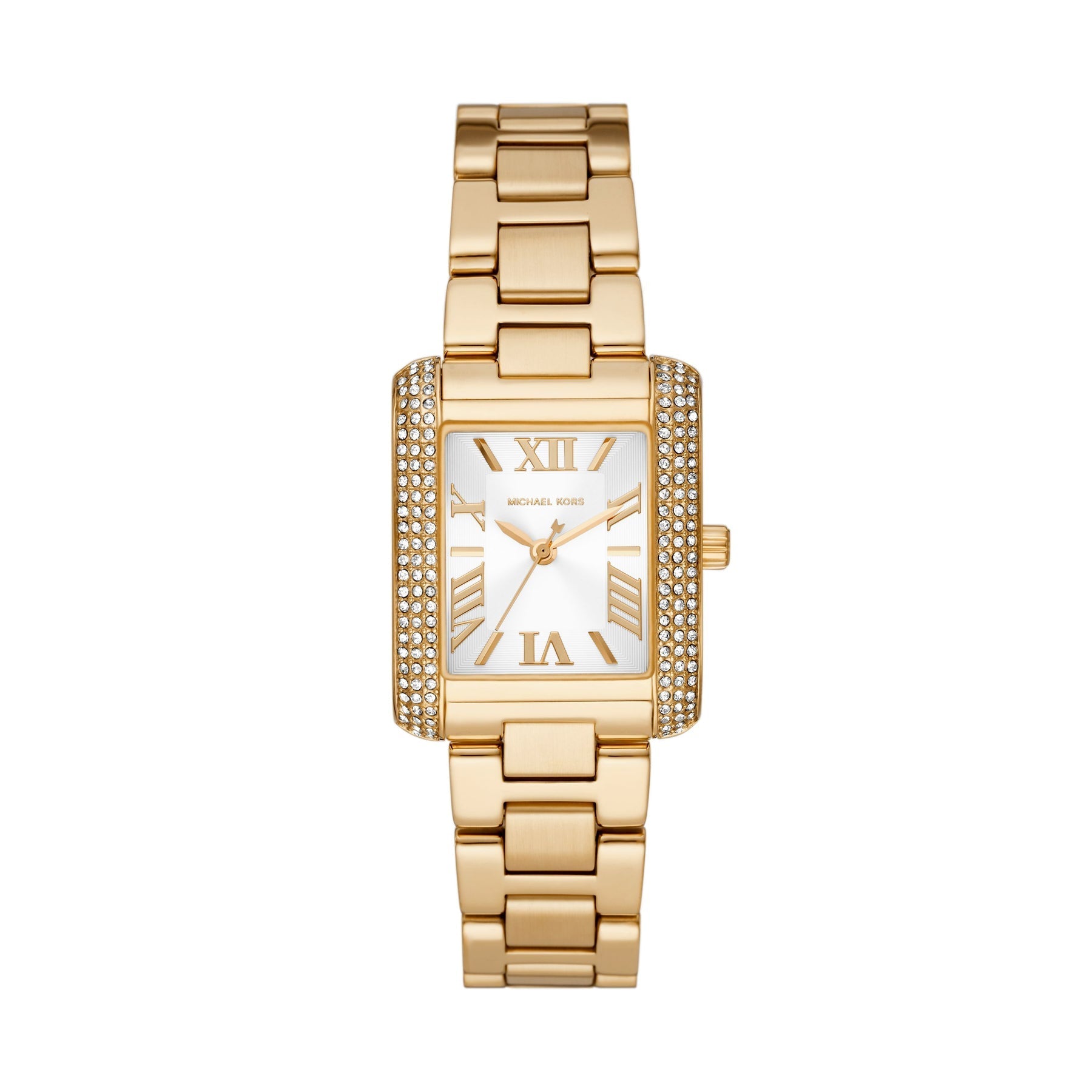 Michael Kors Emery gold rectangular watch with pavé crystal bezel and link bracelet