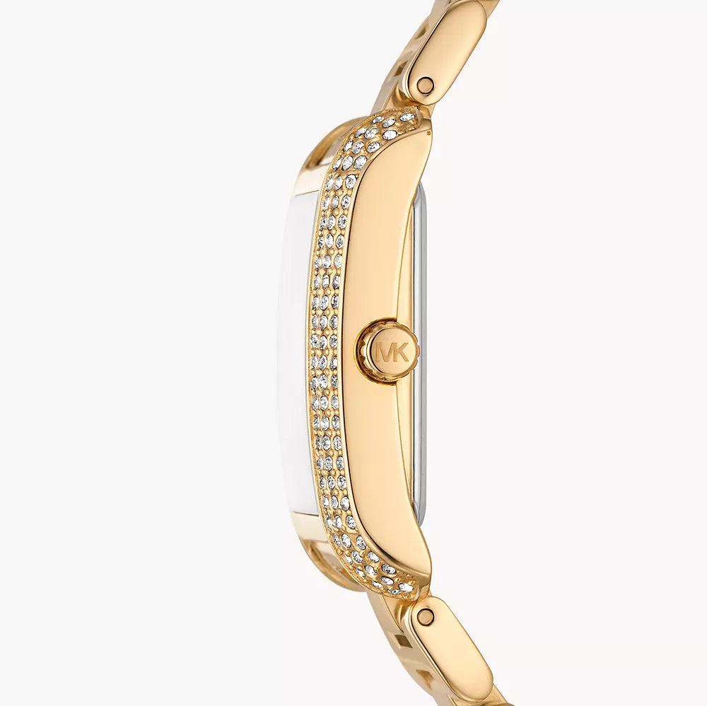 Side view of Michael Kors Emery rectangular watch case with pavé crystal bezel