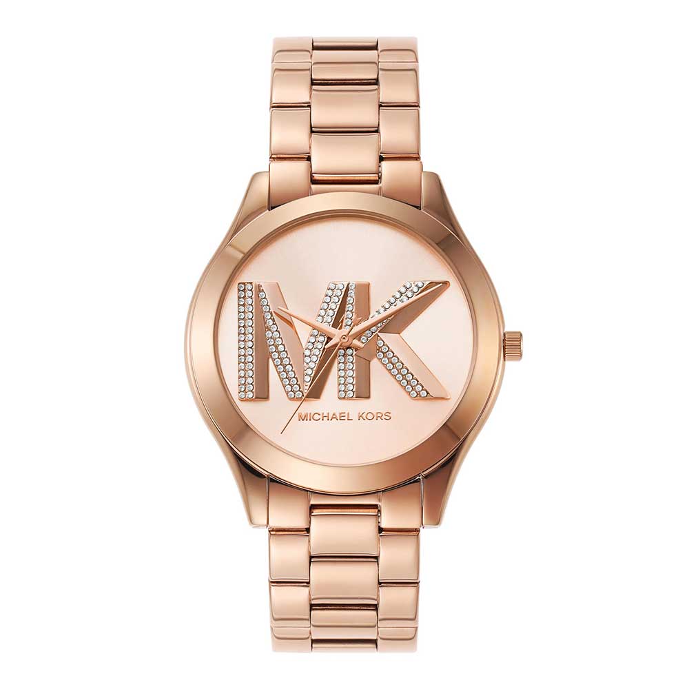 Michael Kors Slim Runway rose gold women's watch with crystal-embellished MK logo on dial