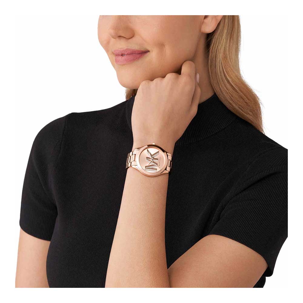 Michael Kors Slim Runway rose gold watch worn on wrist, on-wrist lifestyle shot