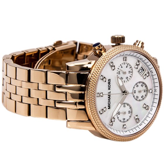 Michael Kors MK5026 side angle view showing rose gold bracelet and textured bezel