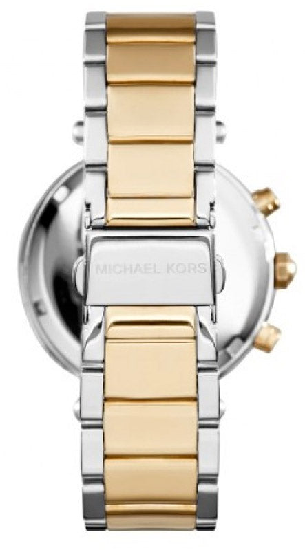 Michael Kors MK6140 caseback view with two-tone rose gold and silver steel bracelet