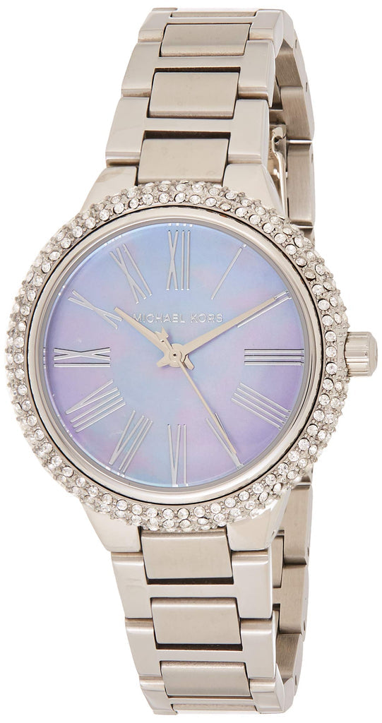 Michael Kors Mini Taryn watch at angle showing silver bracelet and purple dial with Roman numerals