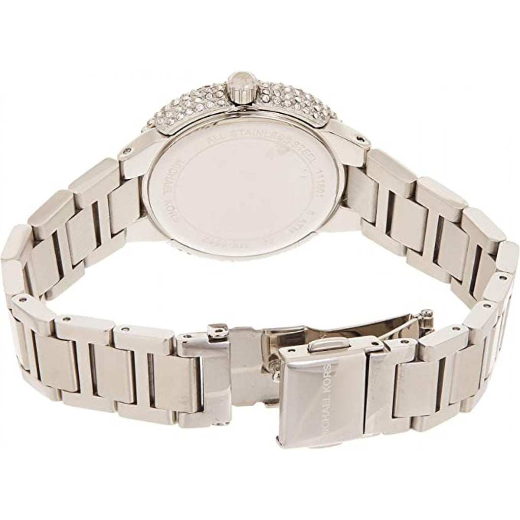 Back view of Michael Kors Mini Taryn watch showing caseback and stainless steel bracelet clasp