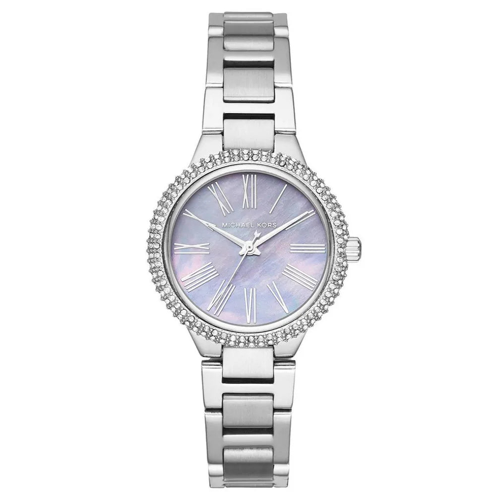 Michael Kors Mini Taryn silver-tone watch with purple mother-of-pearl dial and crystal bezel