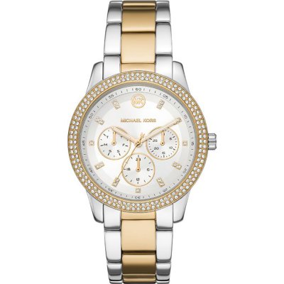 Michael Kors MK6825 Tibby women's watch with two-tone silver and gold bracelet, crystal-studded bezel, and white chronograph dial
