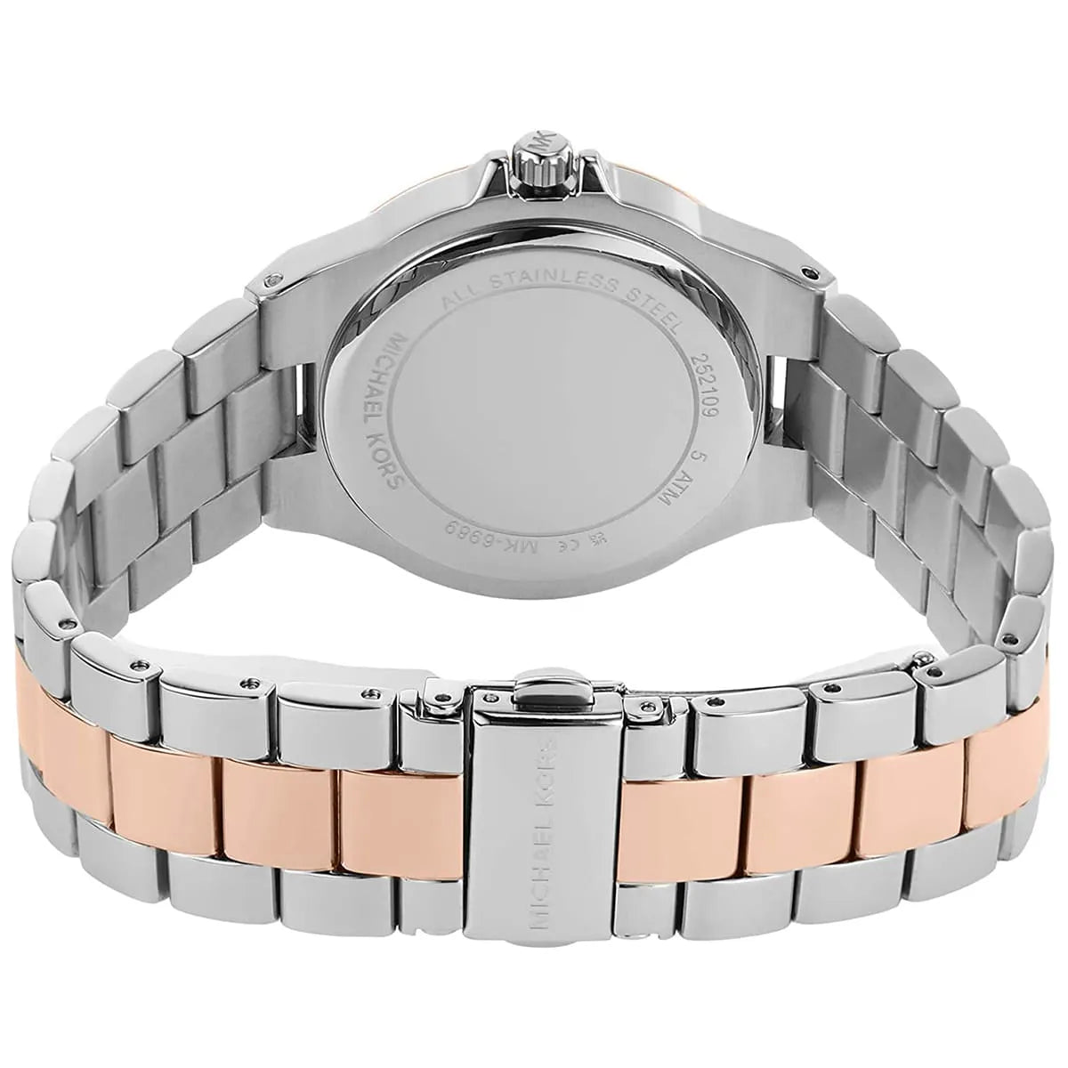 Michael Kors MK6989 two-tone ladies watch back view with silver and rose gold bracelet