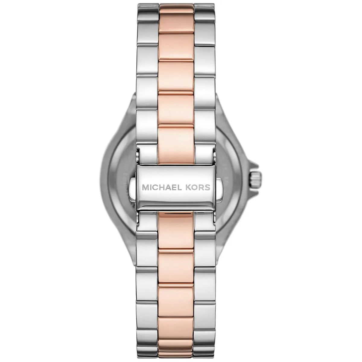 Michael Kors MK6989 watch caseback showing two-tone bracelet and engraved case back