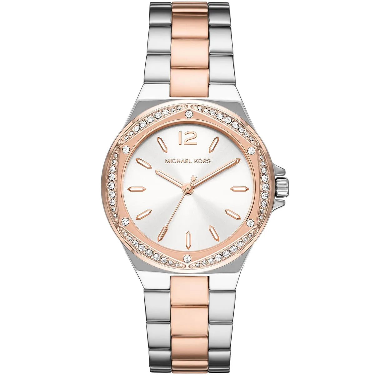 Michael Kors two-tone ladies watch MK6989 with rose gold and silver bracelet, crystal bezel, white dial