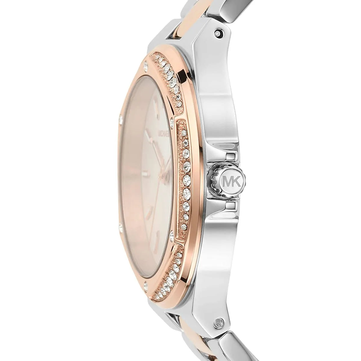 Michael Kors MK6989 watch side view showing crystal-adorned rose gold bezel detail